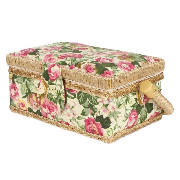 Portable Household Sewing Basket, Stylish Double-Layer Fabric Craft Sewing Basket, Spindles Needles for Scissors Buttons(Garden Rose)