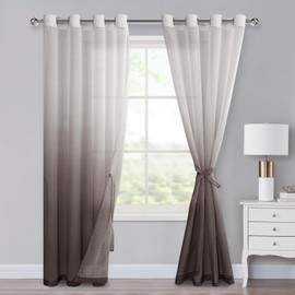 XWZO Ombre Curtains with Eyelets, Colour Gradient, Voile, Sheer Curtains, Set of 2, for Bedroom and Living Room, Loop Curtains with Tiebacks, 225 x 140 cm (H x W), Coffee Brown