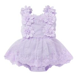 FYMNSI Newborn Baby Girl 1st Birthday Outfit Lace Dress Sleeveless Bodysuit Dress with Flowers Headband, Purple