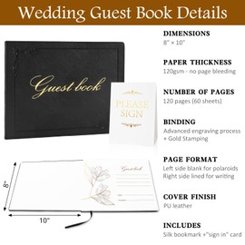 Saburrnity 8x10 Inch Wedding Guest Book - 120 Blank & Lined Pages, Gold Foil PU Leather Hardbound Cover, Durable Sewn Binding, Black