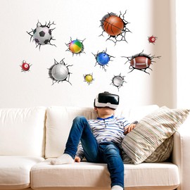 Runtoo 3D Sports Wall Decals Basketball Baseball Football Break Through Wall Stickers Kids Baby Boys Nursery Playroom Classroom Home Decor