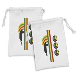 Ambesonne Jamaican Fabric Pouch Set of 2, Abstract Minimalist Rastaman with Peace Caribbean Culture Inspired Print, Small Drawstring Bag for Toiletries Masks and Favors, 9" x 6", Multicolor