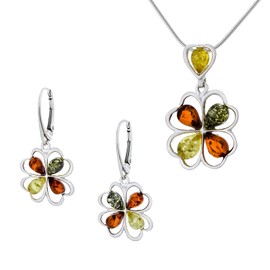 AMBEDORA Women's Juliette Set Polished 925 Silver Coloured Baltic Amber Pendant with Chain Snake and Earrings Ready Gift Set, Sterling Silver, Amber