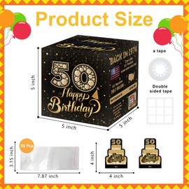 50th Birthday Surprise Gift Box, Happy Birthday Money Gift Boxes for Cash, 50th Birthday Gifts for Women Men, 50th Birthday Party Black Gold Decorations Supplies (with 35 Bags)