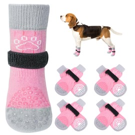SCENEREAL 4 Pairs Double Side Anti-Slip Dog Socks for Hardwood Floors to Stop Licking Paws, Non-Slip Dog Shoes for Hot/Cold Pavement, Slipping, Paw Protectors with Grippers, Pink Pearl Paw S