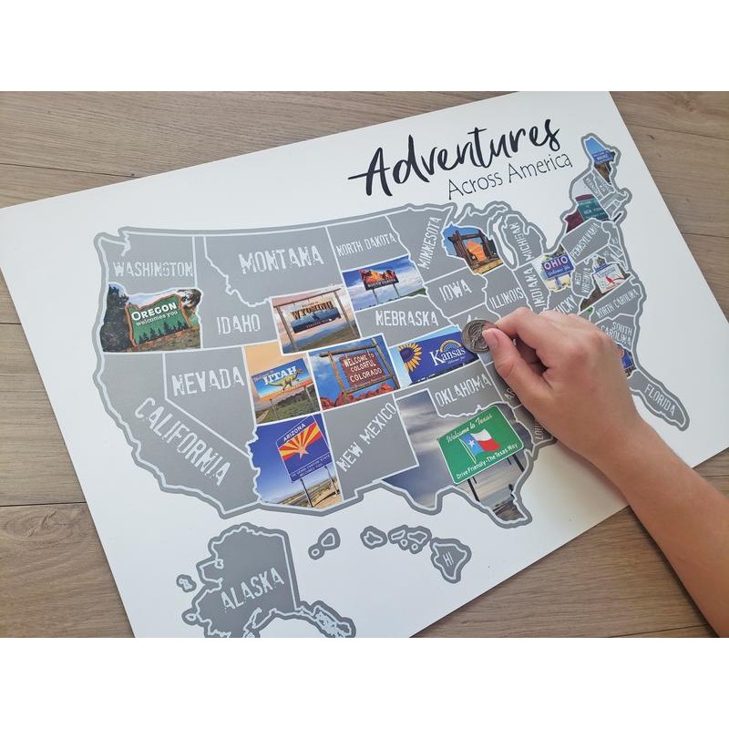 US scratch off map; State Welcome signs, travel poster; Scratch