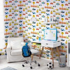 VaryFloral Cartoon Transports Wallpaper Childish Car Train Airplane Ship Wallpaper for Kids Boys Bedroom Nursery Removable Peel and Stick Decorative Vehicles Contact Paper for Cabinet Drawers 12"x118"