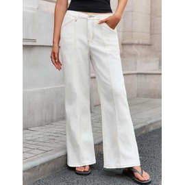 PEIHOT Womens High Waisted Wide Leg Jeans Trendy Baggy Stretchy Loose Straight Leg Pull On Flare High Rise Denim Pants Summer 2025 White M