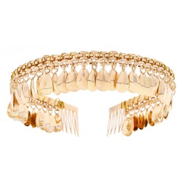 Flayem Women's Boho Head Chain Tassels Fringe Sequins Tiara Crown Party Shinny Sparkle Festival Headband (Gold Water Drops, M)