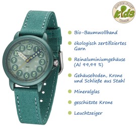 JACQUES FAREL ORGT 1114 Educational Watch Eco Children's Watch Boys Analogue Quartz with Textile Strap Made of Organic Cotton Jade Blue Turquoise Sustainable, blue, Strap.