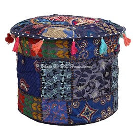 DK Homewares Traditional Round Puff Cover Blue Patchwork Embroidered Cotton Living Room Stool Puff Decorative Ottoman Footrest Seating Furniture | (18x18x13 Inches/45 cm) Cover Only