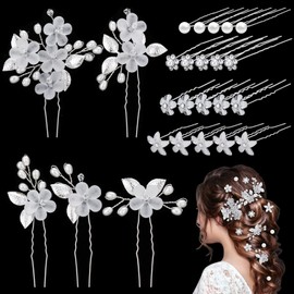 WORSETUY 25Pcs Bridal Hair Pins,Wedding Bridal Hair Pins Pearl Flower Crystal Hair Pins Clips,Crystal Pearl Hair Pins U Shaped Diamond Hair Pins,Wedding Rhinestone Hair Clip for Women Girl (9 Styles