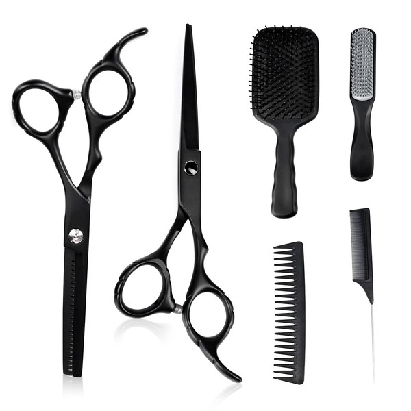 Kit de tijeras giratorias negras mate, kit de tijeras de corte de pelo, set de cepillo de pelo con delantal de corte de pelo