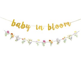 KUNGOON Baby in Bloom Banner with Floral Garland, Gold Letter Banner and Wildflower Design, Baby Shower Decorations,Floral Flower Theme Gender Reveal Decorations.