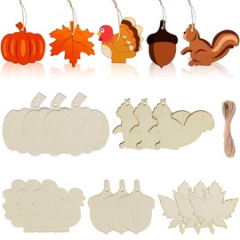 Thanksgiving Unfinished Wooden Ornaments Fall Maple Leaf Pumpkin Cutout Squirrel Acorn Turkey Blank Wooden Ornament Craft for Autumn Thanksgiving Party Home Decorations 15 Pcs