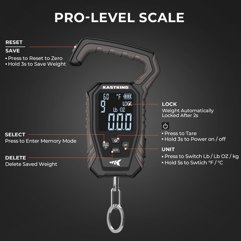 KastKing Weighmaster Digital Fish Scale with Lip Gripper, Black