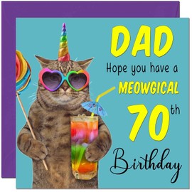 70th Dad Birthday Card - Meowgical Cat Funny Father Birthday Card for 70 Year old Seventy, Seventieth