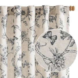 Lazzzy Farmhouse Linen Black Floral Curtains 96 Inch Length Back Tab Drapes for Living Room Bedroom Light Filtering Country Vintage Rod Pocket, 2 Panels, Black on Beige