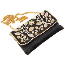 Handmade Sling Bag Purse Wallet Batawa Clutch Hand Stitched Traditional Ethnic Work Wedding Envelope for Women for Party Wedding Special Occasion and Gifting (Black - 8"x5") (Black)