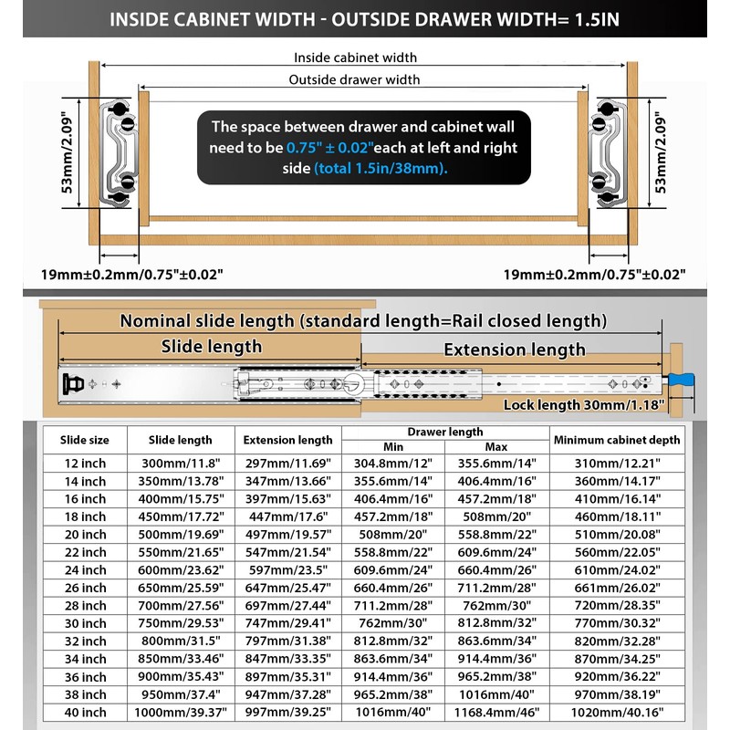 REGUDA Heavy Duty Locking Drawer Slides Full Extension Runners with