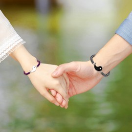 2 Yin Yang Bracelets Set for Couples - His and Hers Hematite Beads Bracelets for Men Women, Matching Puzzle Yinyang Bracelets for Boyfriend Girlfriend Best Friends (Y2101-Black/Purple)