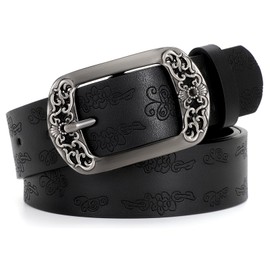 SUOSDEY Women's Leather Belt Classic Black Floral Pin Buckle Belt for Jeans Dress Fashion Belt, E-Black(Floral Pattern)