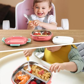Small Stainless Steel Bento Box or Snack Box for Toddlers(Ages 0-2)–3-Compartment Lunch Set with Portable Cutlery–LeakProof,Dishwasher Safe & BPA-Free,Daycare,Preschool,Travel(Pink,Not Insulated)