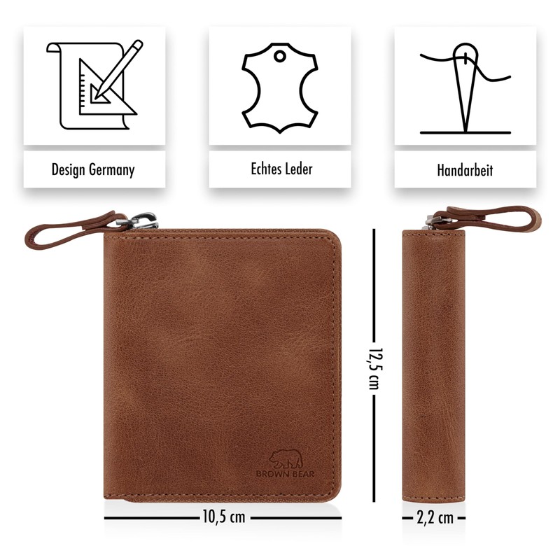 Brown Bear Wallet Zip Leather RFID Protection & Coin Compartment