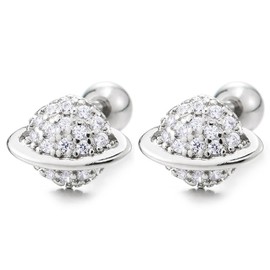 Womens Planet Stud Earrings, Saturn Design with Pave Cubic Zirconia, Cosmic Space Fashion Jewelry, Metal, Cubic Zirconia
