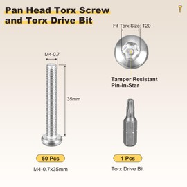METALLIXITY Pan Head Torx Security Screw Bolts (M4-0.7x35mm) 50pcs, Button Torx Head Machine Screw 304 Stainless Steel with One Bit - for Furniture Woodworking Project, Silver Tone