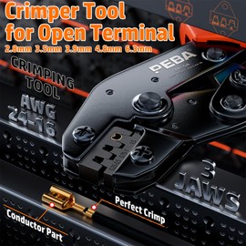PEBA Open Barrel Crimping Tool Kit - 14 Sizes Quick Splice Male and Female Wire Spade Connectors & Piggy-back with Ratcheting Crimper AWG 24-14, for Electrical Wiring Car Audio Speaker Connectors