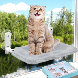 Cat Window Perch, Cordless Foldable Hammock Bed for Large Cat 2-in-1 Breathable & Plush Cushion Reversible Cover with 4 Large Suction Cup Solid Metal Frame Resting Seat Easy to Remove Indoor Grey