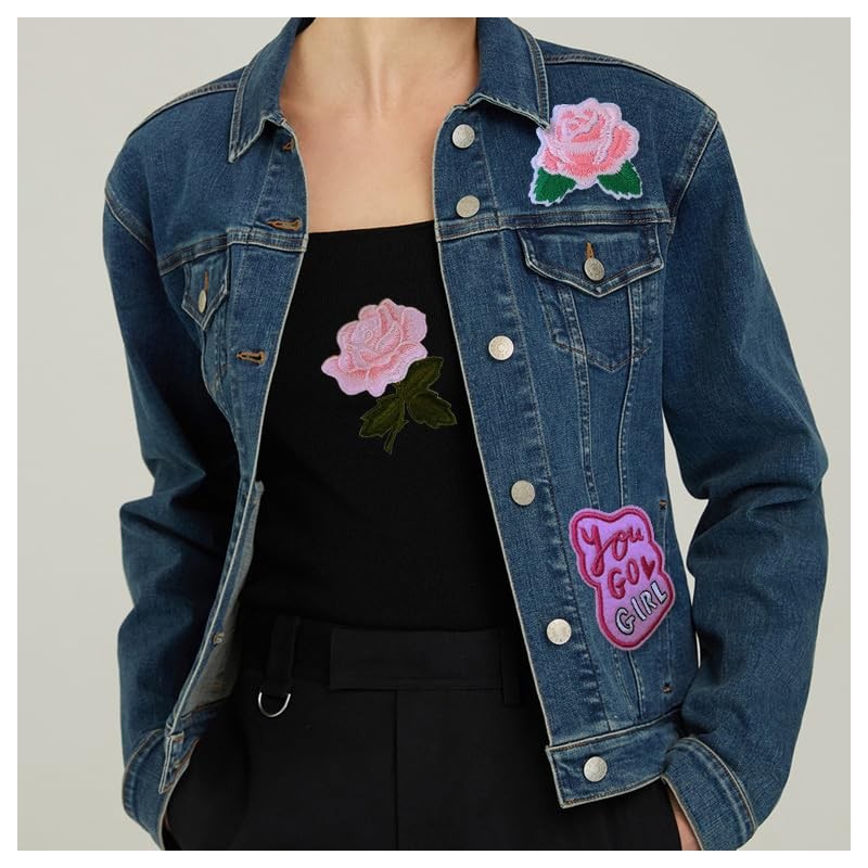 KLORIZ 3-Pack Pink Rose Embroidered Iron On Patch Flower Clothing