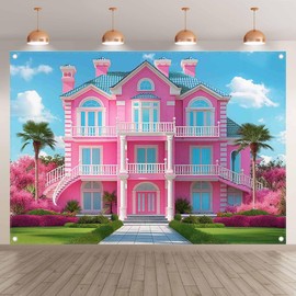 ZTHMOE Fabric 7x5ft Pink House Photography Backdrop Princess Castle Mansion Toy Background Summer Tropical Kids Dream Party Decorations Girl Birthday Photo Booth