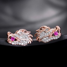 Iced Out Dragon Head Stud Earrings for Women, Gold Dragon Head Earrings Red Stones Dragon Earrings for Girls (Pink)