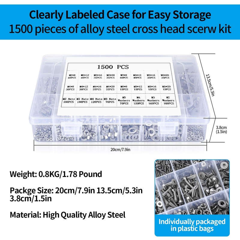 1500 Pcs Hex Socket Screws, Nuts and Washers Assortment Kit,