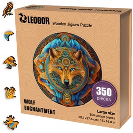 LEOGOR Wooden Puzzles for Adults – 350 Piece, 15 x 14.8 in Extra-Thick 5mm Wood Puzzles Adult, Round Large Mosaic Jigsaw, Wolf Enchantment, Unique Hand-Shaped Pieces