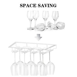 FOMANSH Wine Glass Rack - Under Cabinet Stemware Wine Glass Holder Glasses Storage Hanger 2 Pack Metal Organizer for Bar Kitchen 4 Rows White