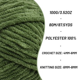 3 Pack Fluffy Chenille Yarn for Crocheting, Chunky Velvet Yarns for Crochet Amigurumi, Baby Yarn for Crocheting Soft Blanket, 262.4yds /10.5 oz Bulky Yarns for Crafts/Hats/Shoes/Socks (3 Army Green)