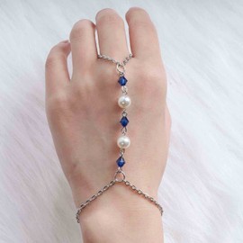 Yheakne Boho Perle Finger Armband Silber Slave Armband Vintage Ring Handgelenk Armband Blau Kristall Ring Kette Armband Handkette Schmuck für Frauen und Mädchen Geschenke