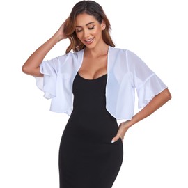 Womens Bolero Shrug Chiffon Short Sleeve Open Front Sheer Cropped Cardigan for Dresses(White,L)