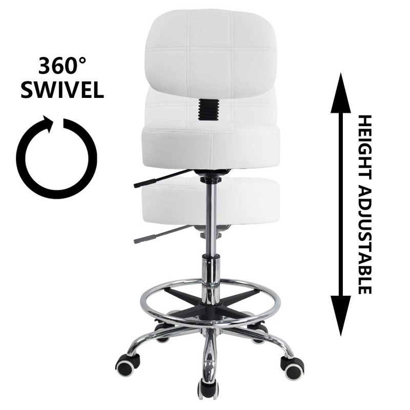 KKTONER Swivel Round Rolling Stool PU Leather with Adjustable Foot