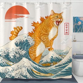 Lunerfex Artistic Cat Shower Curtain Set Iconic Wave Design Waterproof Bathroom Shower Curtain Japanese Art Style Print Bold Home Decor 72x72 Inch