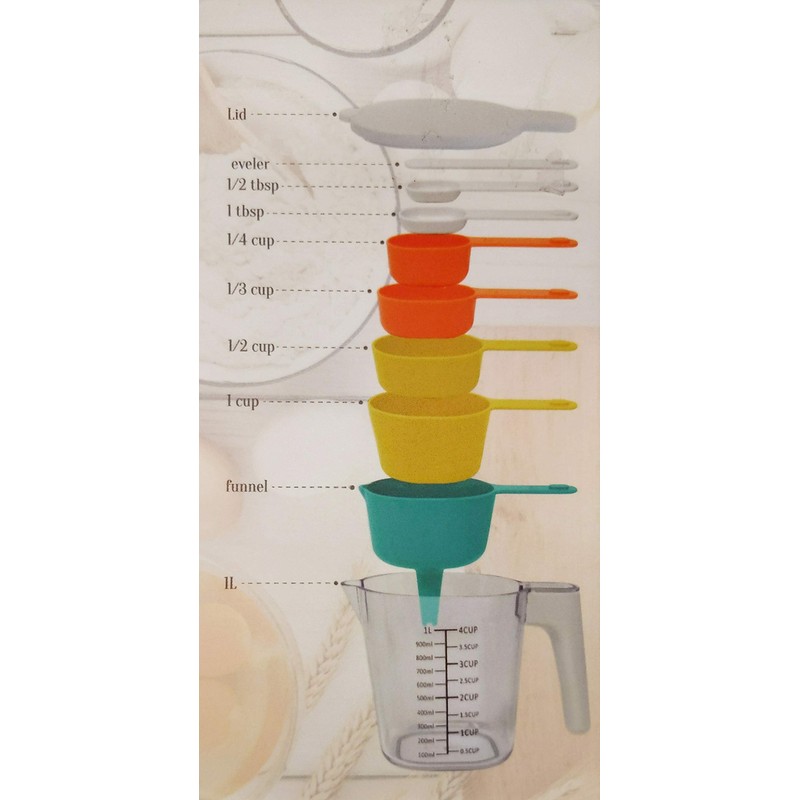 Measuring cup and measuring spoons set with one scraper one
