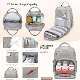 ROSEGIN Premium Vegan Leather Diaper Bag Backpack with Waterproof Changing Pad, Reinforced Zippers & Odor-Free, 20 Pockets Pro Organizer, Fits 15.6" Laptop, Stroller Straps, Baby Bag for Mom, Grey