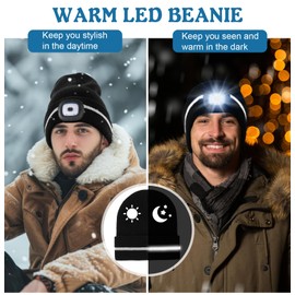 MELASA Reflective Stripe LED Beanie Safety High Visibility Winter Thermal Knitted USB Rechargeable Hat with Light Built in Suitable Outdoor Work Sports Gifts for Men Dad Black