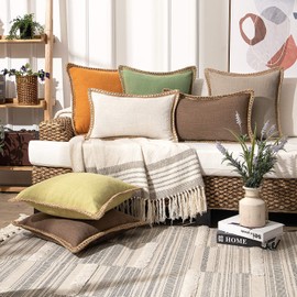Phantoscope Pack of 2 Christmas Farmhouse Decorative Throw Pillow Covers Burlap Linen Pillow Covers Trimmed Tailored Edges Green 20 x 20 Inches, 50 x 50 cm