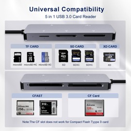 CFast 2.0 Card Reader 5-in-1, USB C USB 3.0 Aluminum Multi-Slot Memory Card Adapter with 5Gbps High-Speed Data Transfer, Simultaneous Reading for CFast/CF/SD/TF/XD Cards