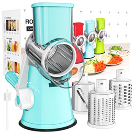Cambom Rotary Cheese Grater Hand Crank Cheese Shredder for Fresh Cheese, Vegetable, Nuts,Non-slip Suction Base, Free Cleaning Brush Three Blades, Blue