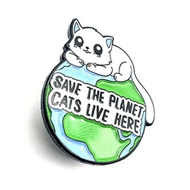 Save The Planet Cats Live Here Cute White Cat Environmental Metal Enamel Pin Badge